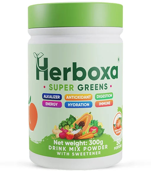 Embalagem Super Greens Herboxa 300g suplemento alimentar em pó com probióticos, enzimas digestivas e vitaminas.