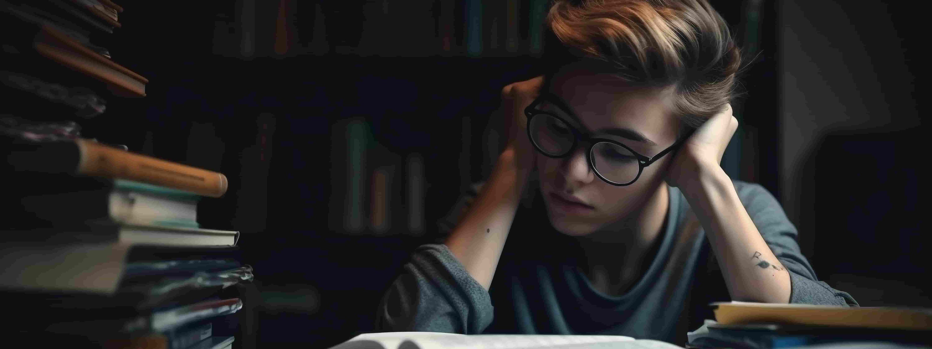 Estudante a estudar no meio de livros com ar muito cansado e desanimado.