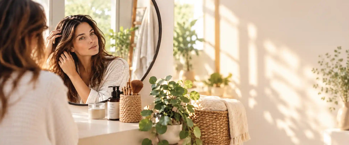 Mulher a cuidar do cabelo ao espelho após o verão, com foco em nutrição e recuperação capilar.